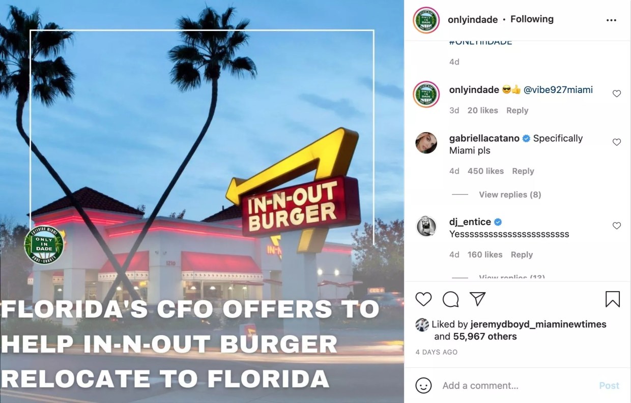 State Official Invites In-N-Out to Relocate to Florida, Instagram Bedlam Ensues UPDATED