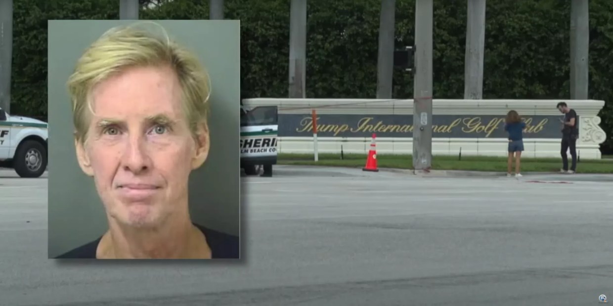 Ryan Routh mugshot overlaid video of entrance of Trump International Golf Club in West Palm Beach